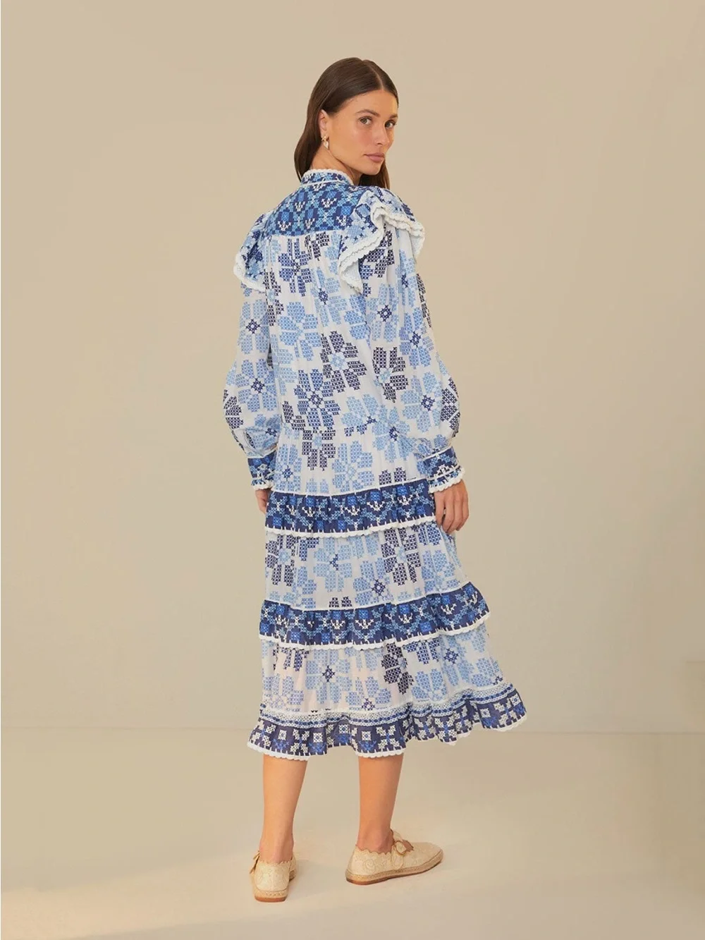 Farm Rio Off-White Stitched Flowers And Girls Midi Dress - Picture 2 of 11